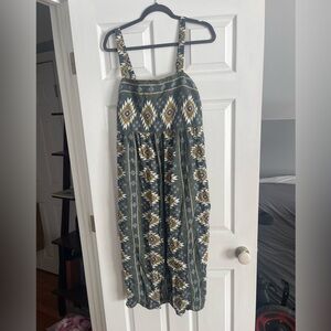 Sonoma Geometric Green and White midi linen dress size large